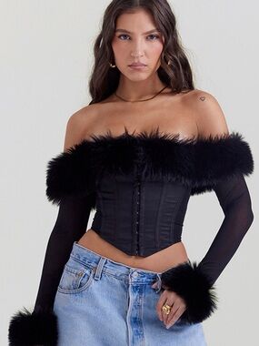 House of CB 'Merle' Black Faux Fur Trim Corset